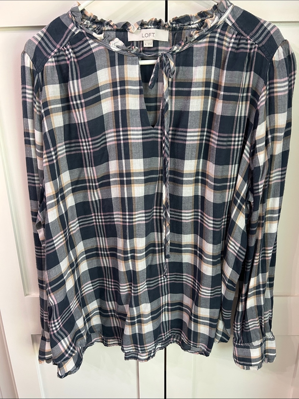 LOFT Navy Plaid Tie-Neck Blouse with Pink & Cream Accents